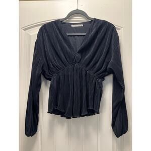 Abercrombie‎ & Fitch Women’s V-Neck Long Sleeve Pleated Ribbed Top Size S Black